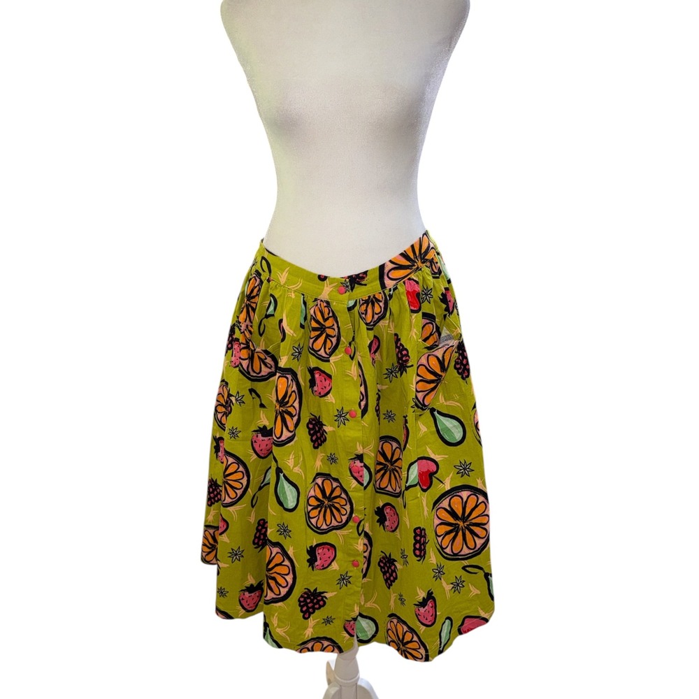 Lindy Bop Adalene Green Fruit Print A-Line Skirt Pockets Cotton Blend US 10